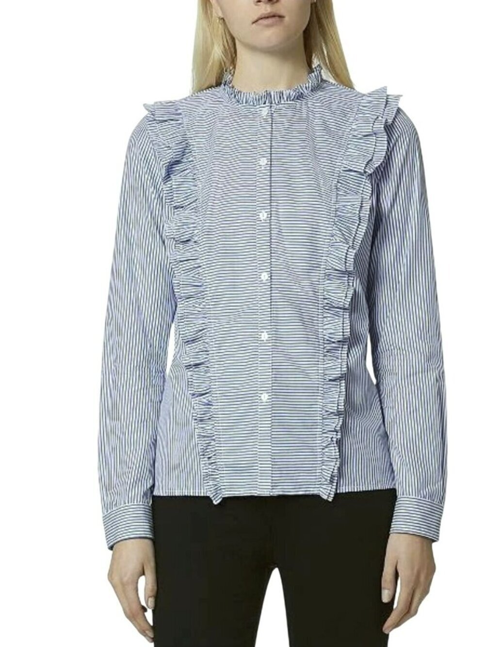 New Avec Les Filles Striped Tuxedo Ruffle Button Down Top Small New
